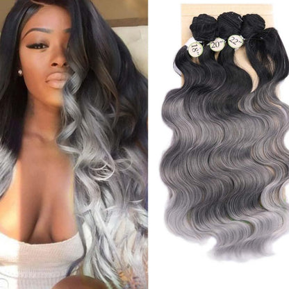 3 Tone Colored Synthetic Hair Extension (Purple/Blue/Grey) Bundles With Closure